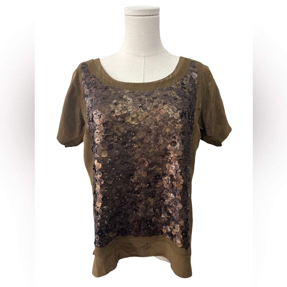 J. Crew Olive Silk Sequin Short Sleeve Top - S